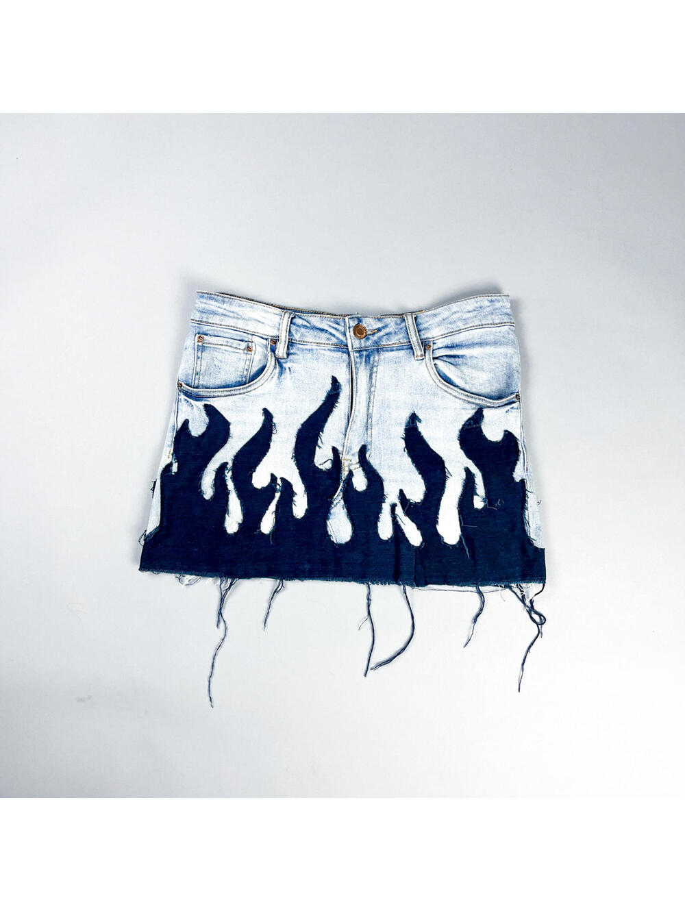 Denim Mini Skirt | Upcycled Jean Skirt with Flames Frayed Patchwork Graphic